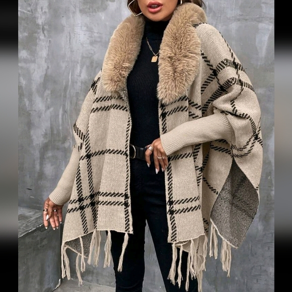Comfy Faux Vegan Fur Plaid Fringe Cuff Sleeve Shawl Sweater Cardigan - Picture 5 of 12